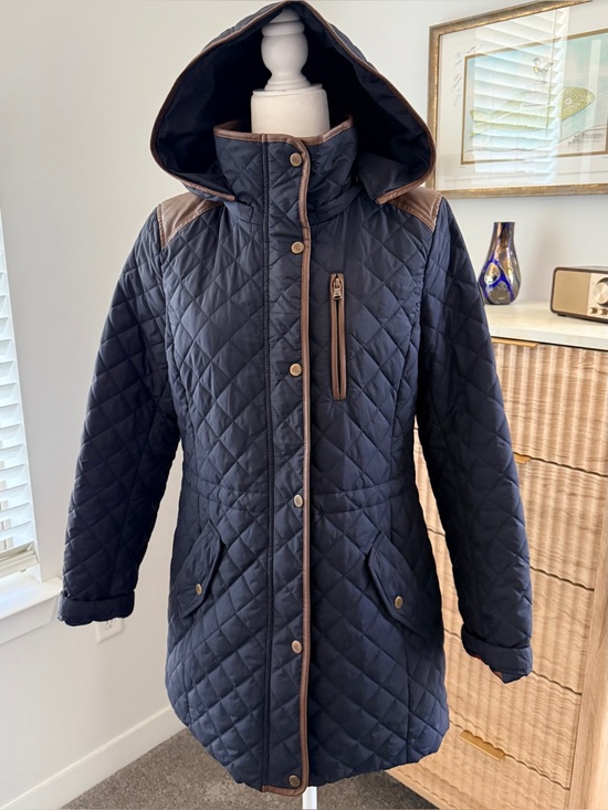 Lauren Ralph Lauren Jackets & Blazers - Lauren Ralph Lauren Navy Quilted Hooded Coat with Brown Trim